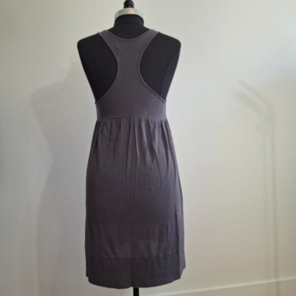 Babydoll Racerback Knit Mini Dress Size M Dusty Blue Grey Gathered Stretch - Picture 2 of 14
